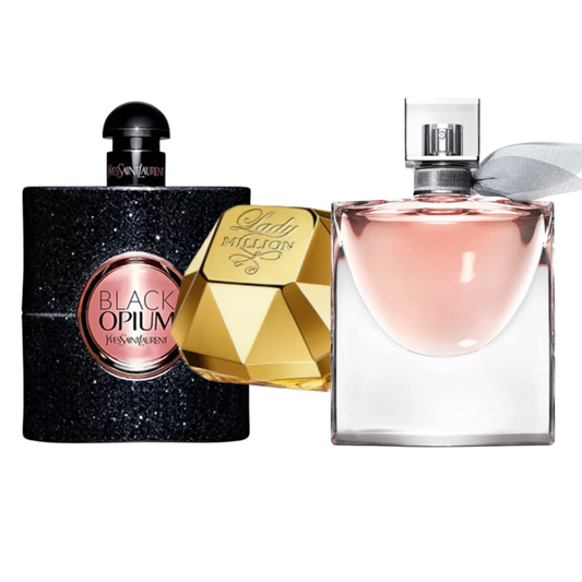 Combinatie van 3 damesparfumeurs – Lady Million Rabanne, Lancôme La Vie Est Belle en Black Opium van Yves Saint (100ml)