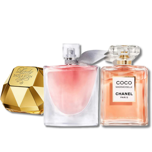 Combinatie van 3 damesparfumeurs – Lady Million Rabanne, Lancôme La Vie Est Belle en Chanel Coco Mademoiselle